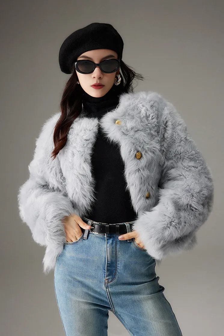 Crewneck Cropped Lambskin Lined Toscana Shearling Coat