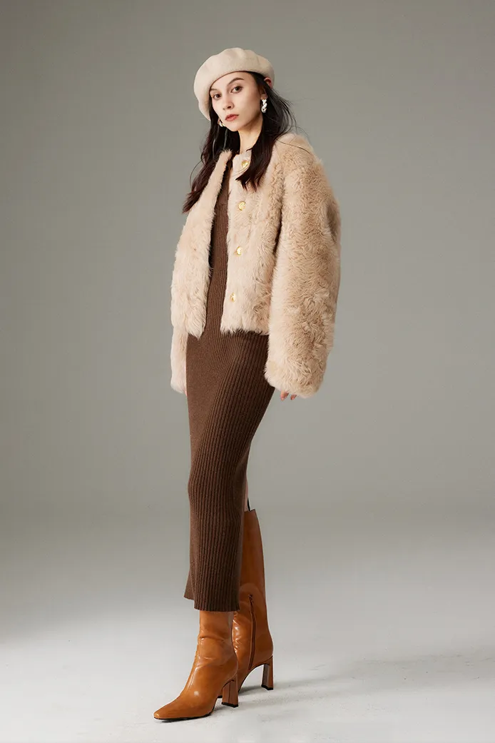 Crewneck Cropped Lambskin Lined Toscana Shearling Coat