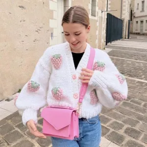 Cute Kawaii Chunky Cable Strawberry Cardigan Sweater