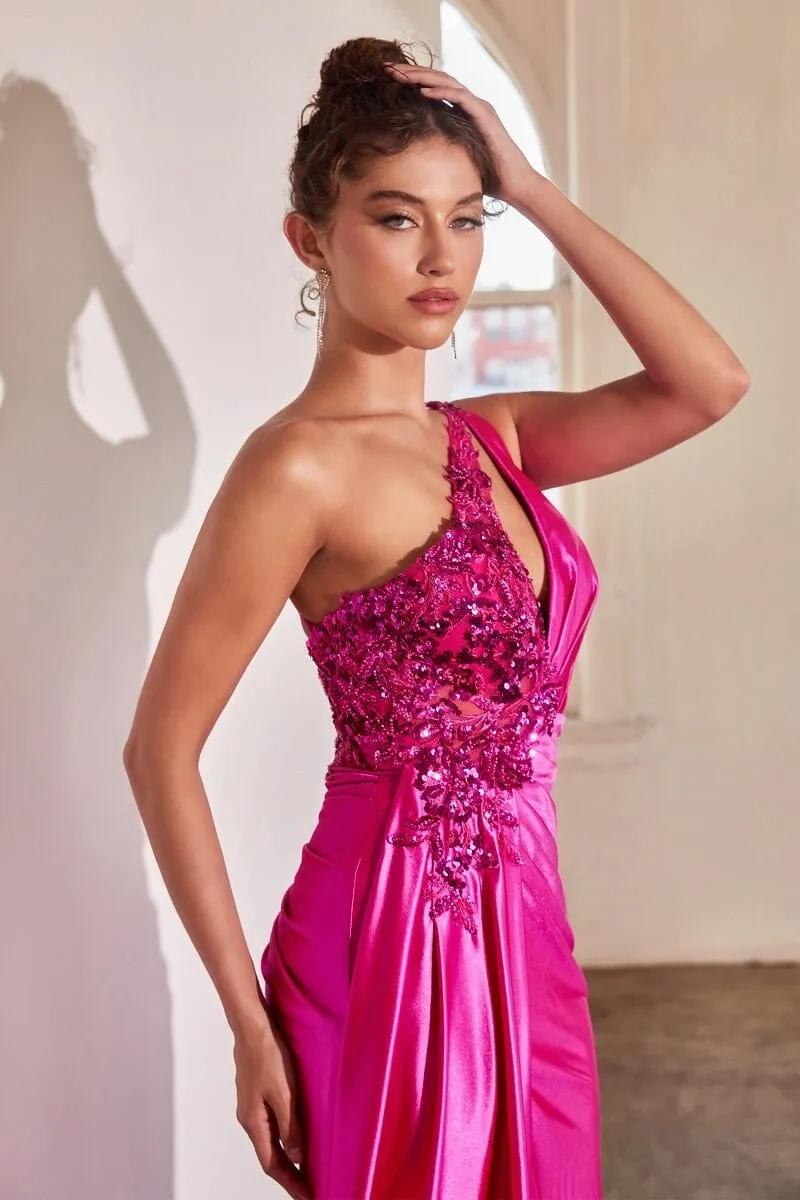 Embellished One Shoulder Satin Gown by Ladivine CDS454