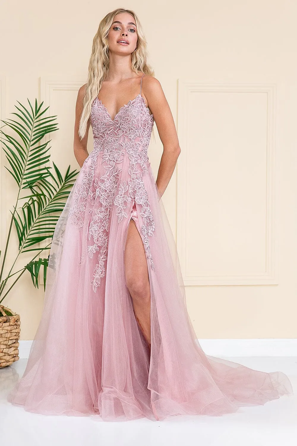 Embroidered V-Neck Slit Gown by Amelia Couture BZ014