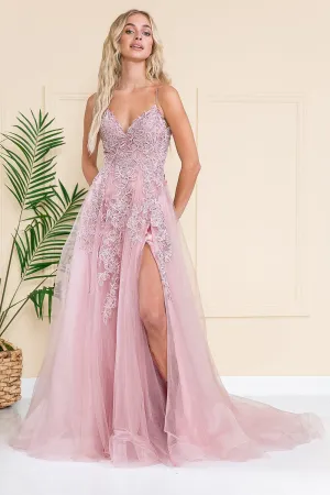 Embroidered V-Neck Slit Gown by Amelia Couture BZ014