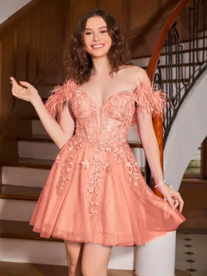 Feather Adorned Off-the-shoulder Cocktail Dress Papaya