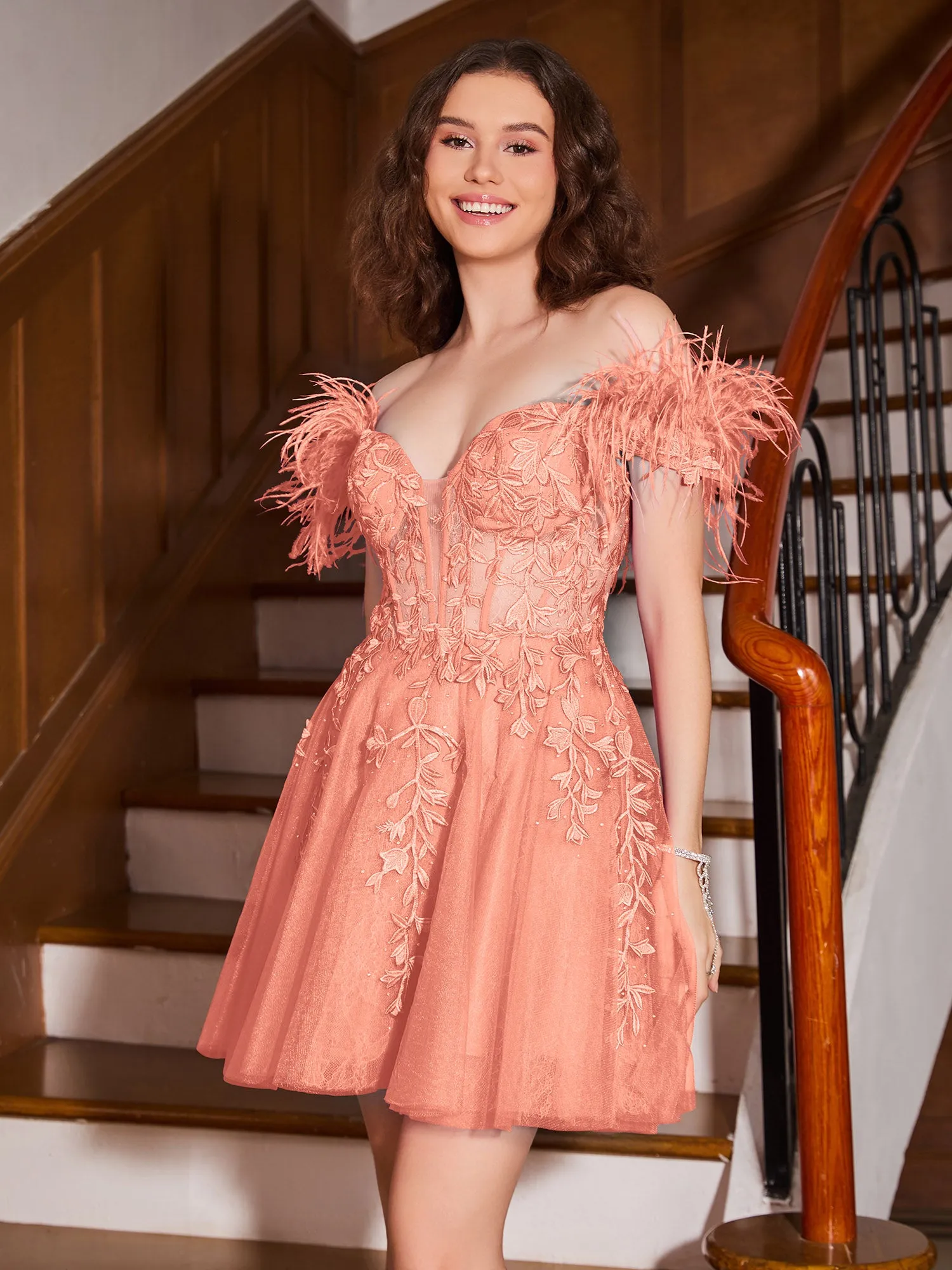 Feather Adorned Off-the-shoulder Cocktail Dress Papaya