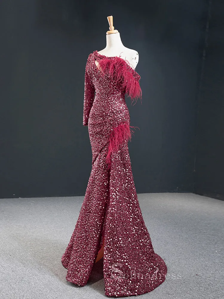 Feature Burgundy Mermaid One Shoulder Luxury Prom Dress Evening Gowns DWH67070