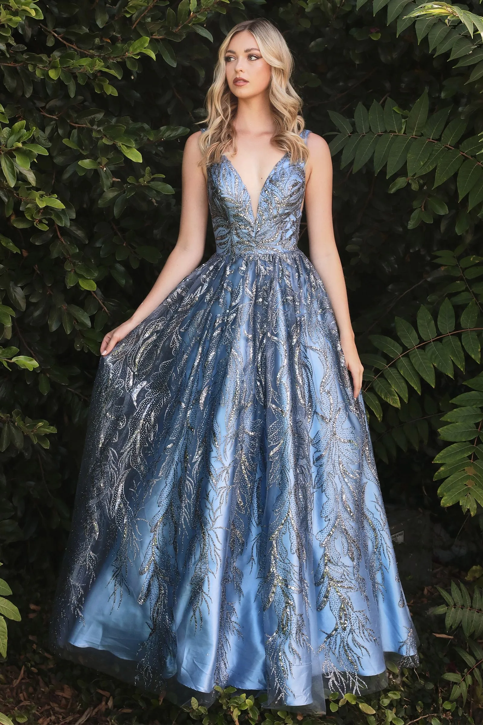 FLORAL GLITTER PRINT BALL GOWN CDJ812