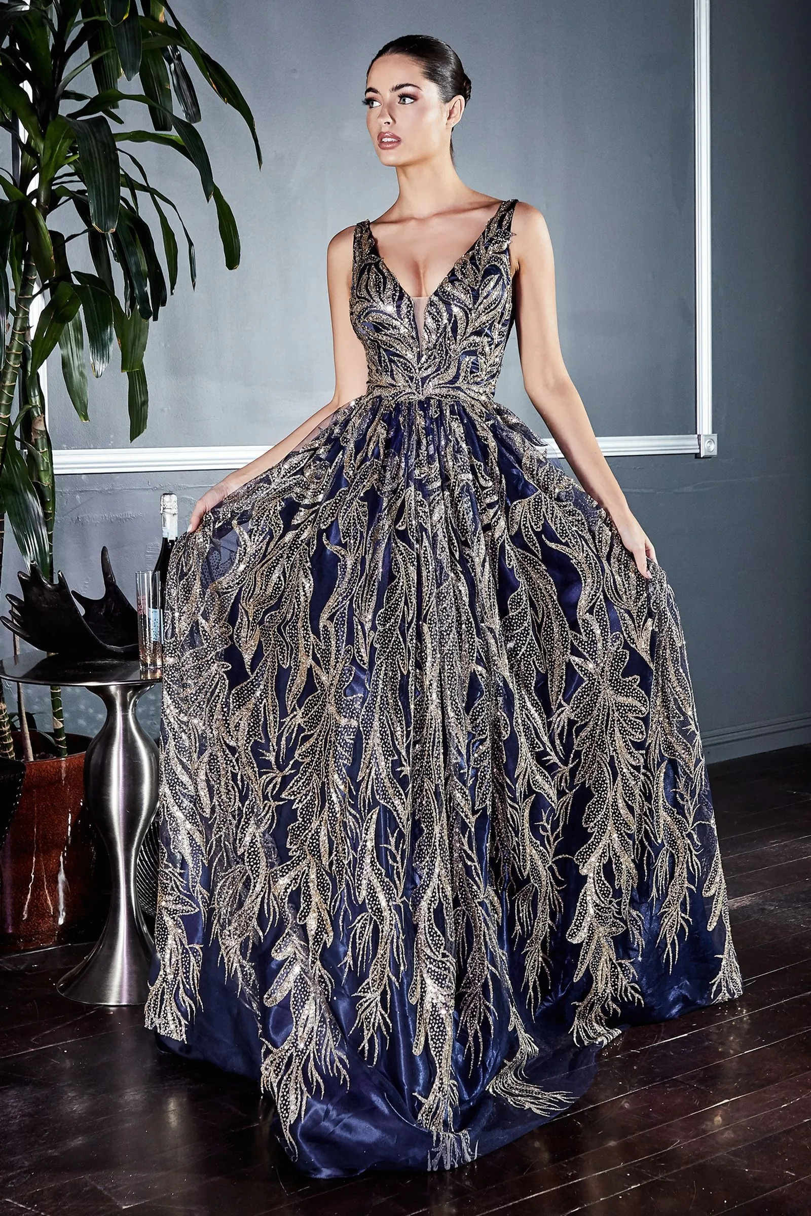 FLORAL GLITTER PRINT BALL GOWN CDJ812