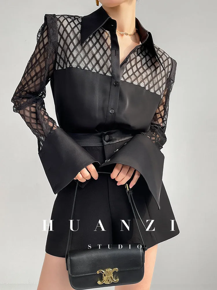 Huanzi high end custom lace plaid satin angle shoulder shirt - Bisrs