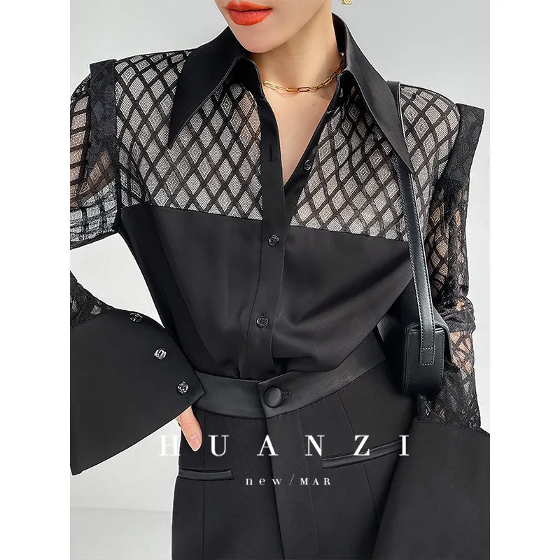 Huanzi high end custom lace plaid satin angle shoulder shirt - Bisrs