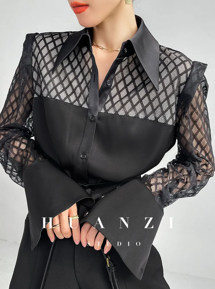 Huanzi high end custom lace plaid satin angle shoulder shirt - Bisrs