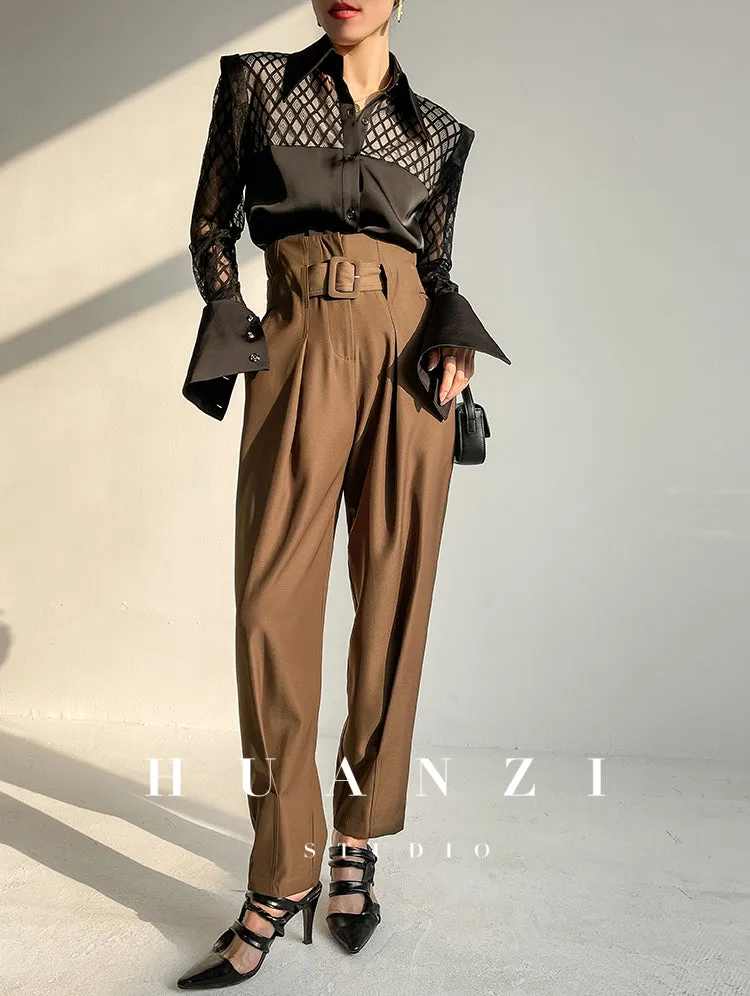 Huanzi high end custom lace plaid satin angle shoulder shirt - Bisrs