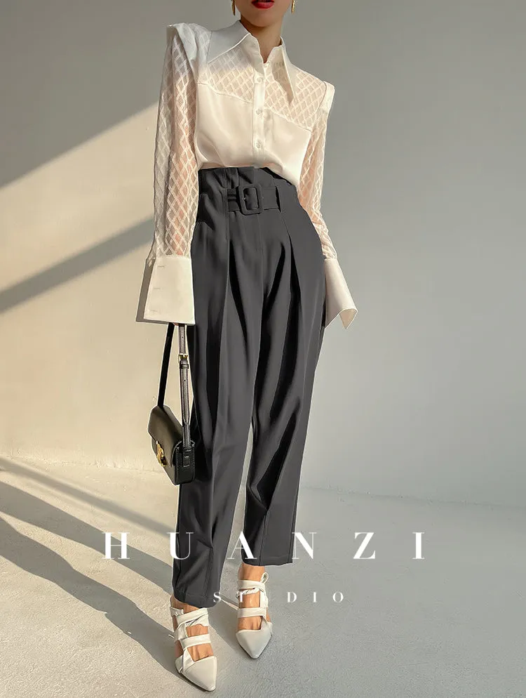 Huanzi high end custom lace plaid satin angle shoulder shirt - Bisrs