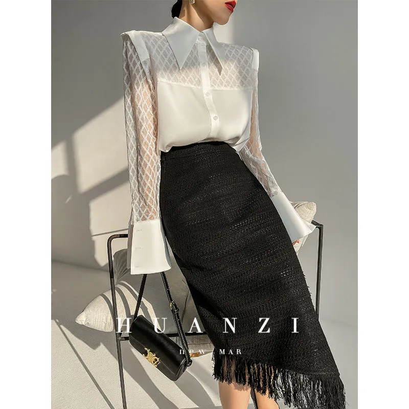 Huanzi high end custom lace plaid satin angle shoulder shirt - Bisrs