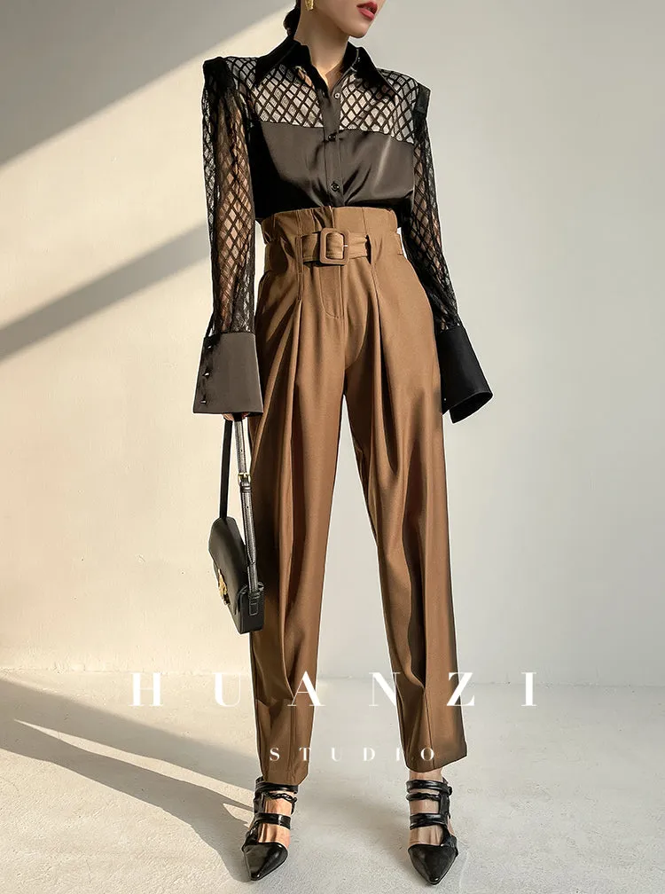 Huanzi high end custom lace plaid satin angle shoulder shirt - Bisrs
