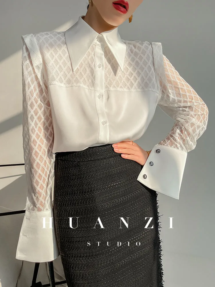 Huanzi high end custom lace plaid satin angle shoulder shirt - Bisrs