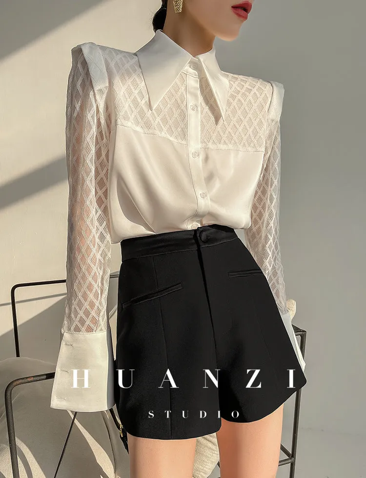 Huanzi high end custom lace plaid satin angle shoulder shirt - Bisrs