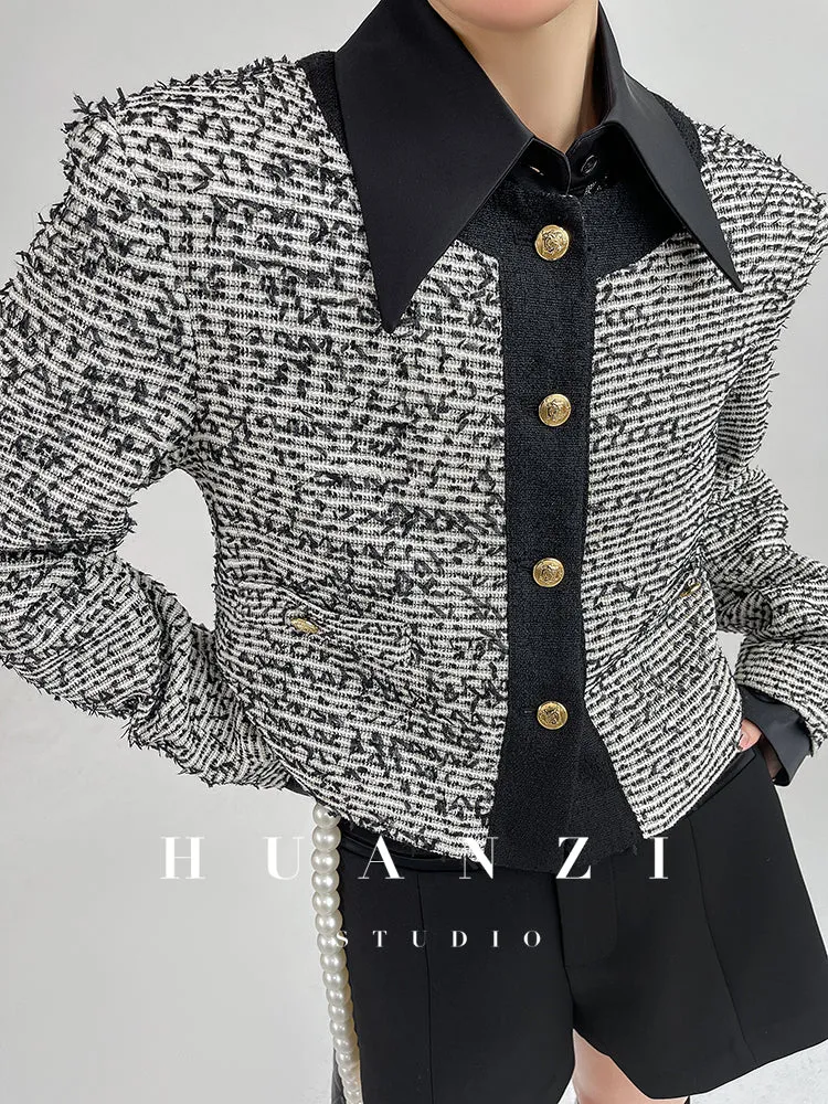 Huanzi high end custom lace plaid satin angle shoulder shirt - Bisrs