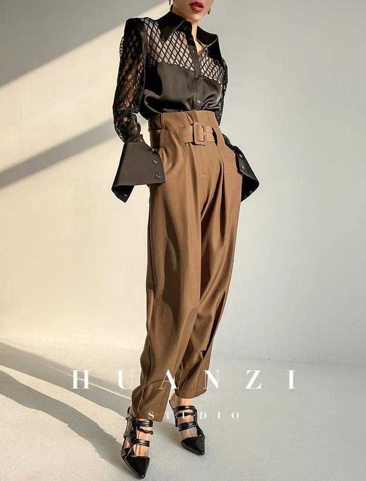 Huanzi high end custom lace plaid satin angle shoulder shirt - Bisrs