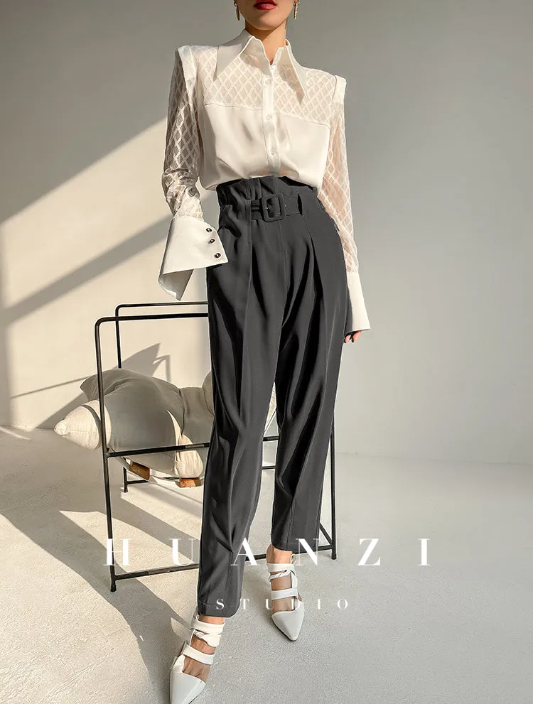Huanzi high end custom lace plaid satin angle shoulder shirt - Bisrs