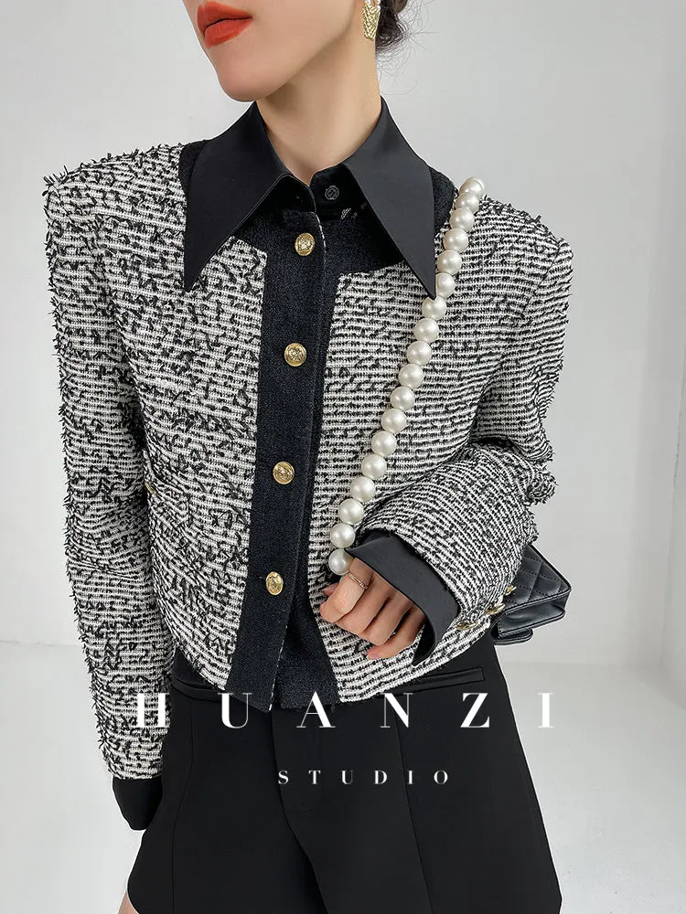 Huanzi high end custom lace plaid satin angle shoulder shirt - Bisrs