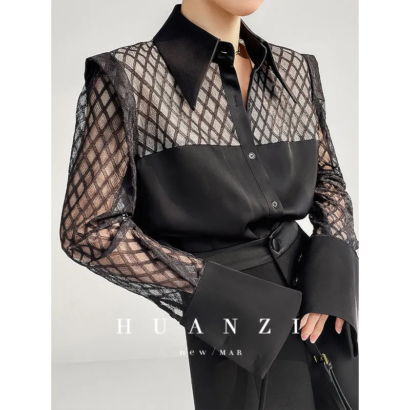 Huanzi high end custom lace plaid satin angle shoulder shirt - Bisrs