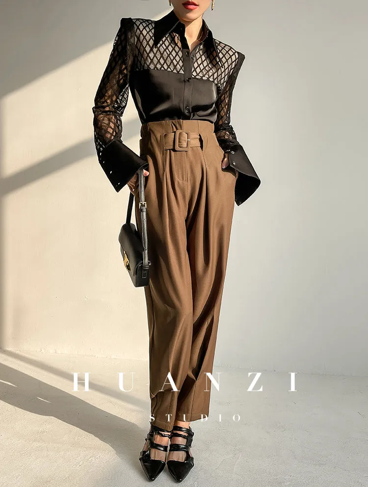 Huanzi high end custom lace plaid satin angle shoulder shirt - Bisrs
