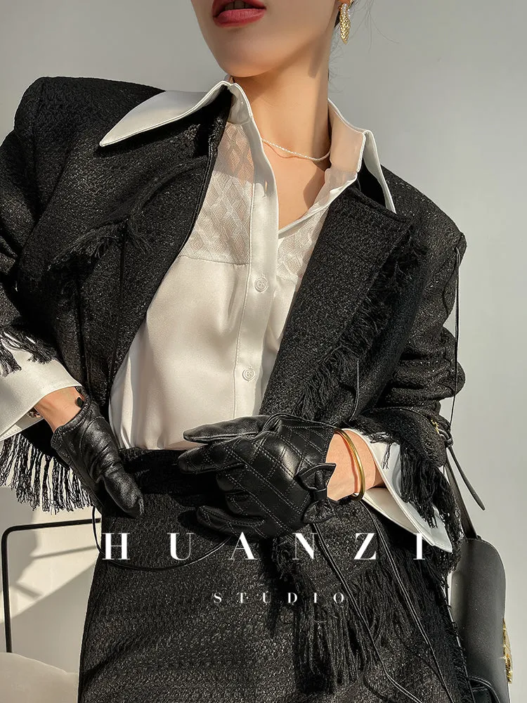 Huanzi high end custom lace plaid satin angle shoulder shirt - Bisrs