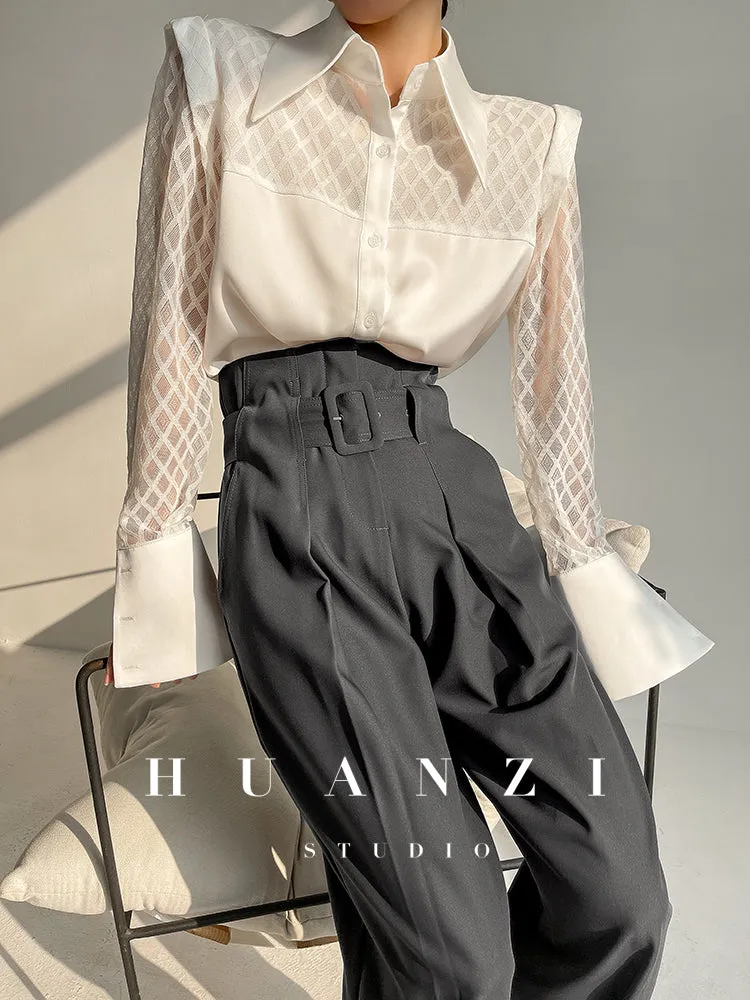 Huanzi high end custom lace plaid satin angle shoulder shirt - Bisrs
