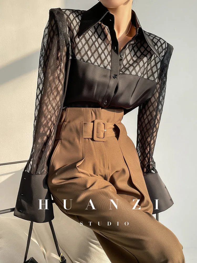 Huanzi high end custom lace plaid satin angle shoulder shirt - Bisrs