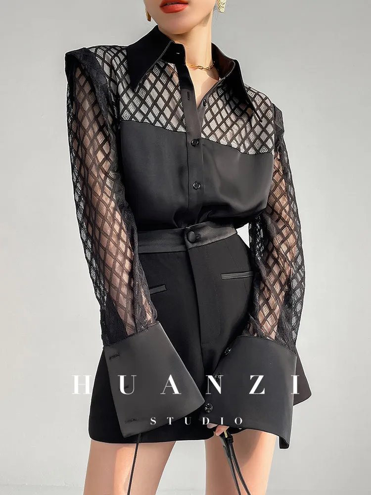 Huanzi high end custom lace plaid satin angle shoulder shirt - Bisrs