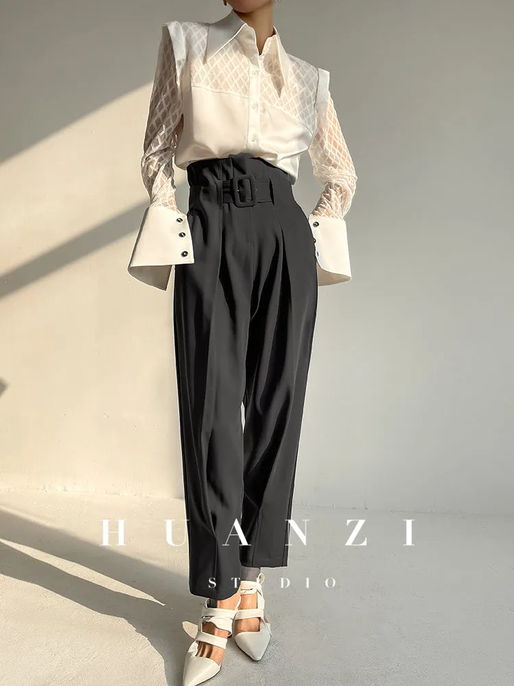 Huanzi high end custom lace plaid satin angle shoulder shirt - Bisrs