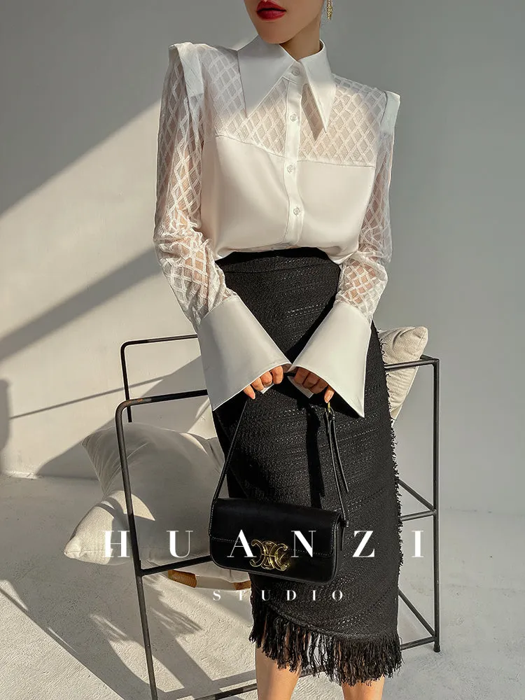 Huanzi high end custom lace plaid satin angle shoulder shirt - Bisrs