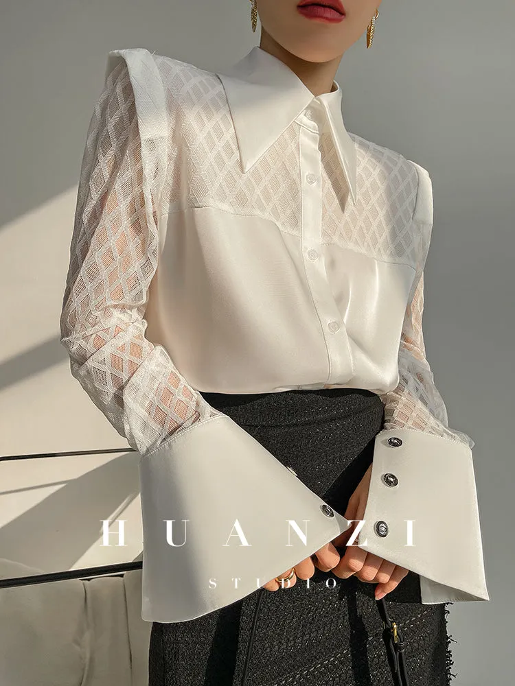 Huanzi high end custom lace plaid satin angle shoulder shirt - Bisrs