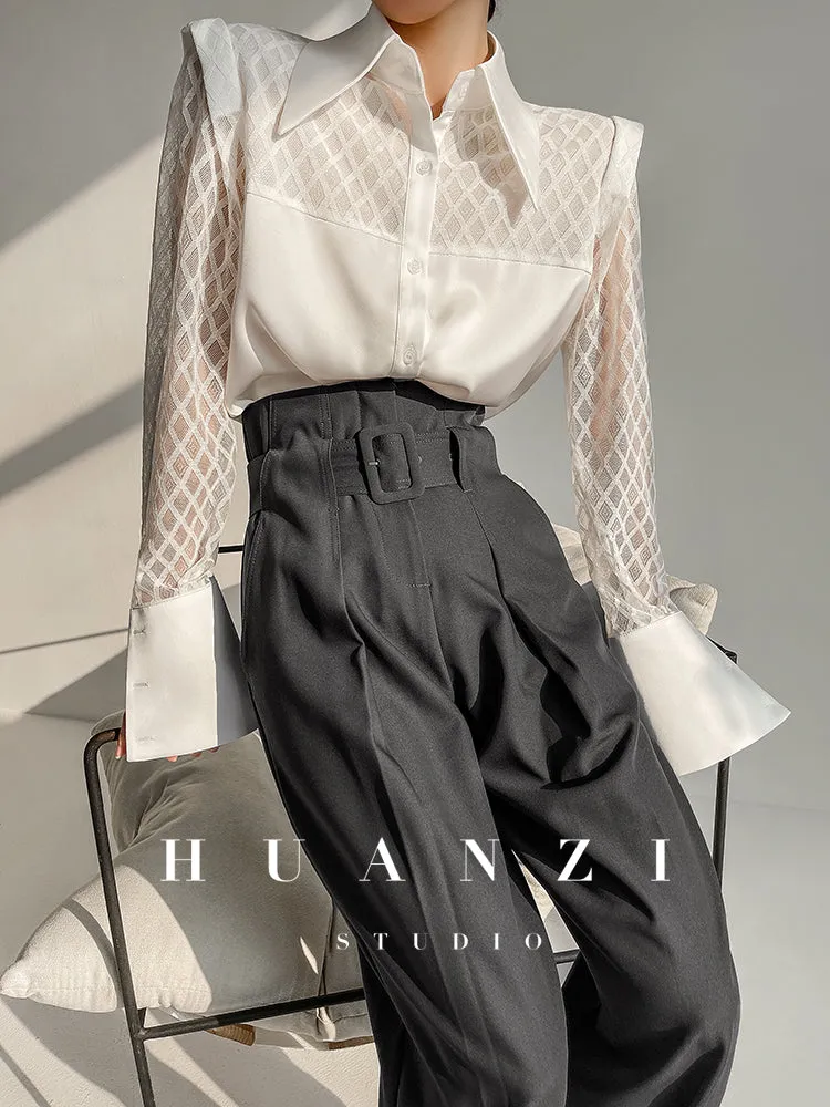 Huanzi high end custom lace plaid satin angle shoulder shirt - Bisrs