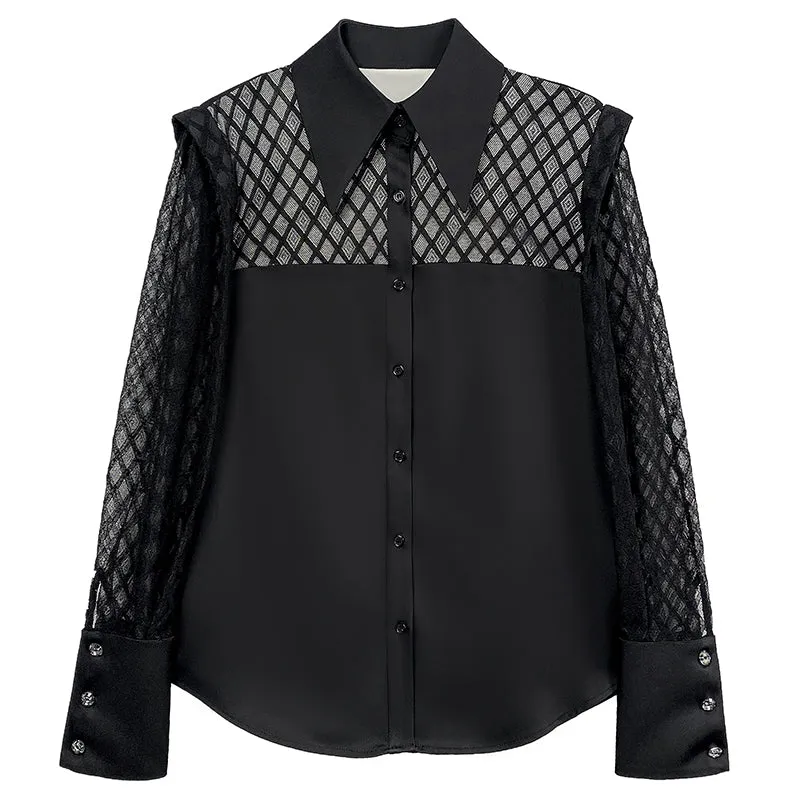 Huanzi high end custom lace plaid satin angle shoulder shirt - Bisrs