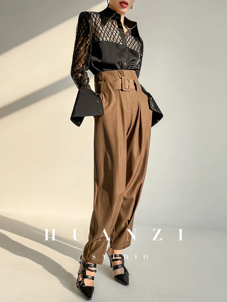 Huanzi high end custom lace plaid satin angle shoulder shirt - Bisrs