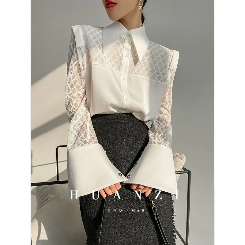 Huanzi high end custom lace plaid satin angle shoulder shirt - Bisrs