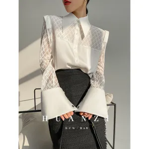Huanzi high end custom lace plaid satin angle shoulder shirt - Bisrs