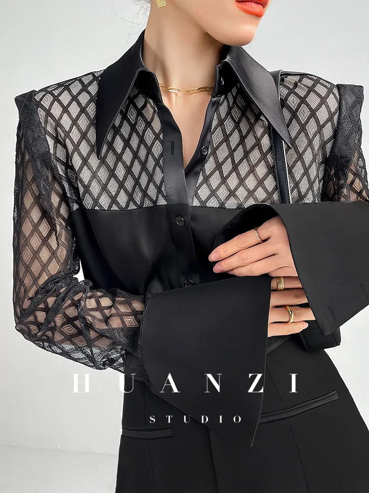 Huanzi high end custom lace plaid satin angle shoulder shirt - Bisrs