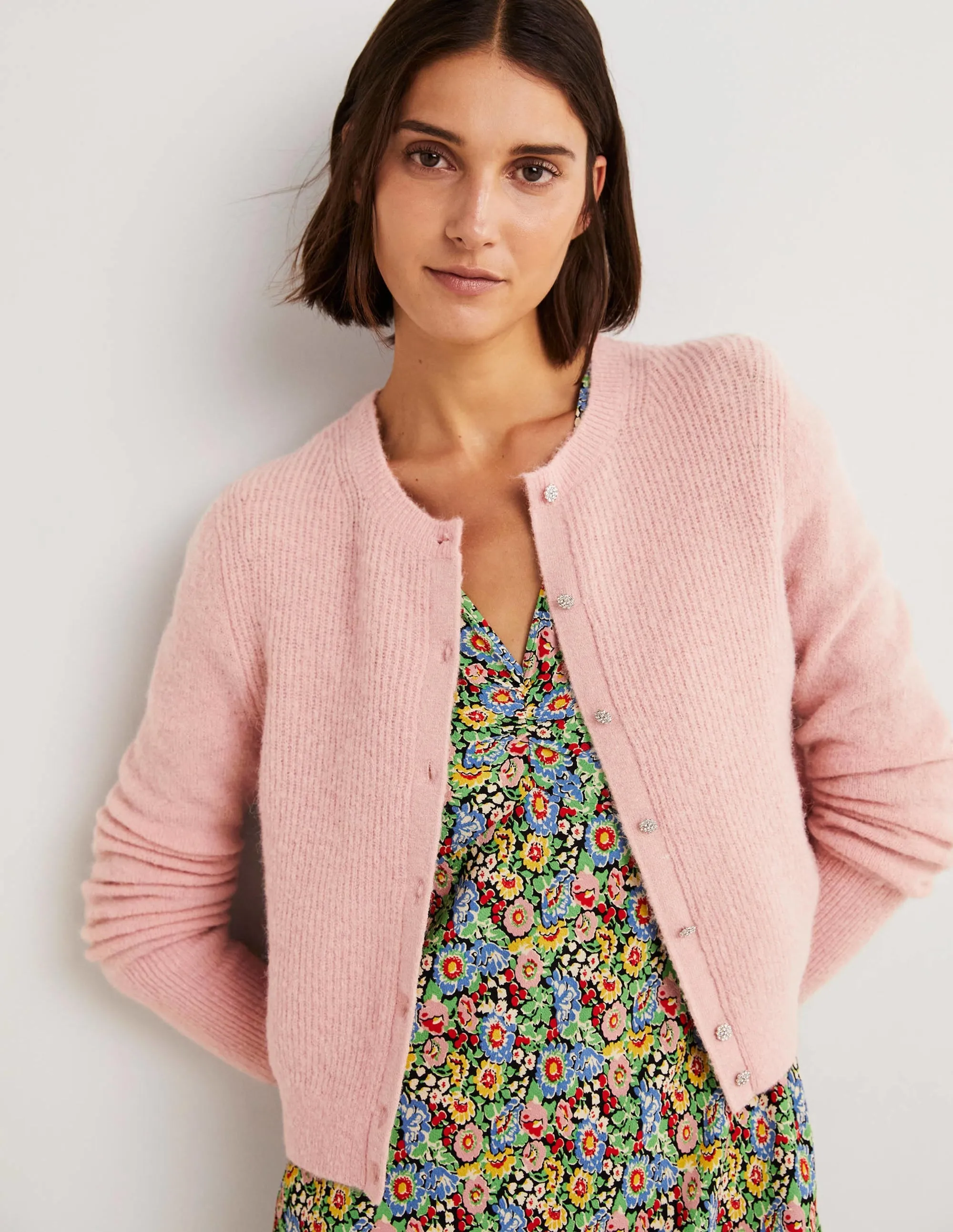 Jewel Button Fluffy Cardigan-Pink Frosting