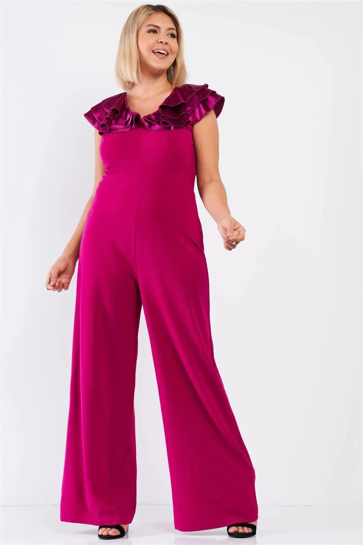 Junior Plus Berry Pink Sleeveless Satin Ruffle Shoulder Detail V-Neck Wide Leg Jumpsuit /1-1-1