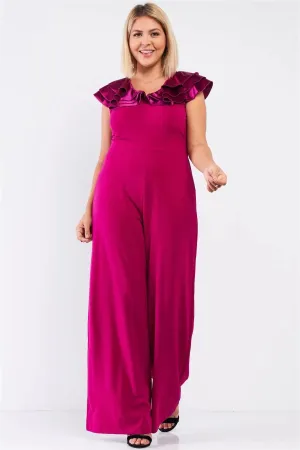Junior Plus Berry Pink Sleeveless Satin Ruffle Shoulder Detail V-Neck Wide Leg Jumpsuit /1-1-1