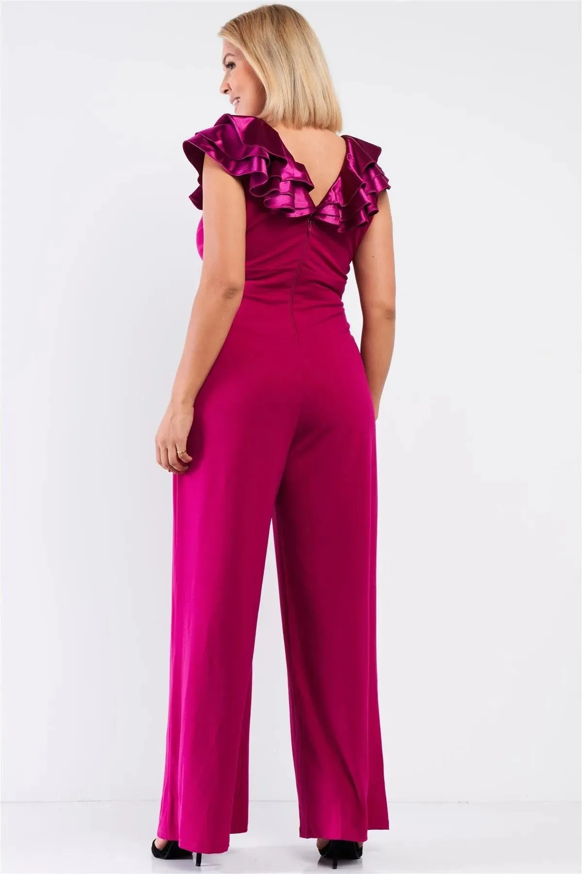 Junior Plus Berry Pink Sleeveless Satin Ruffle Shoulder Detail V-Neck Wide Leg Jumpsuit /1-1-1