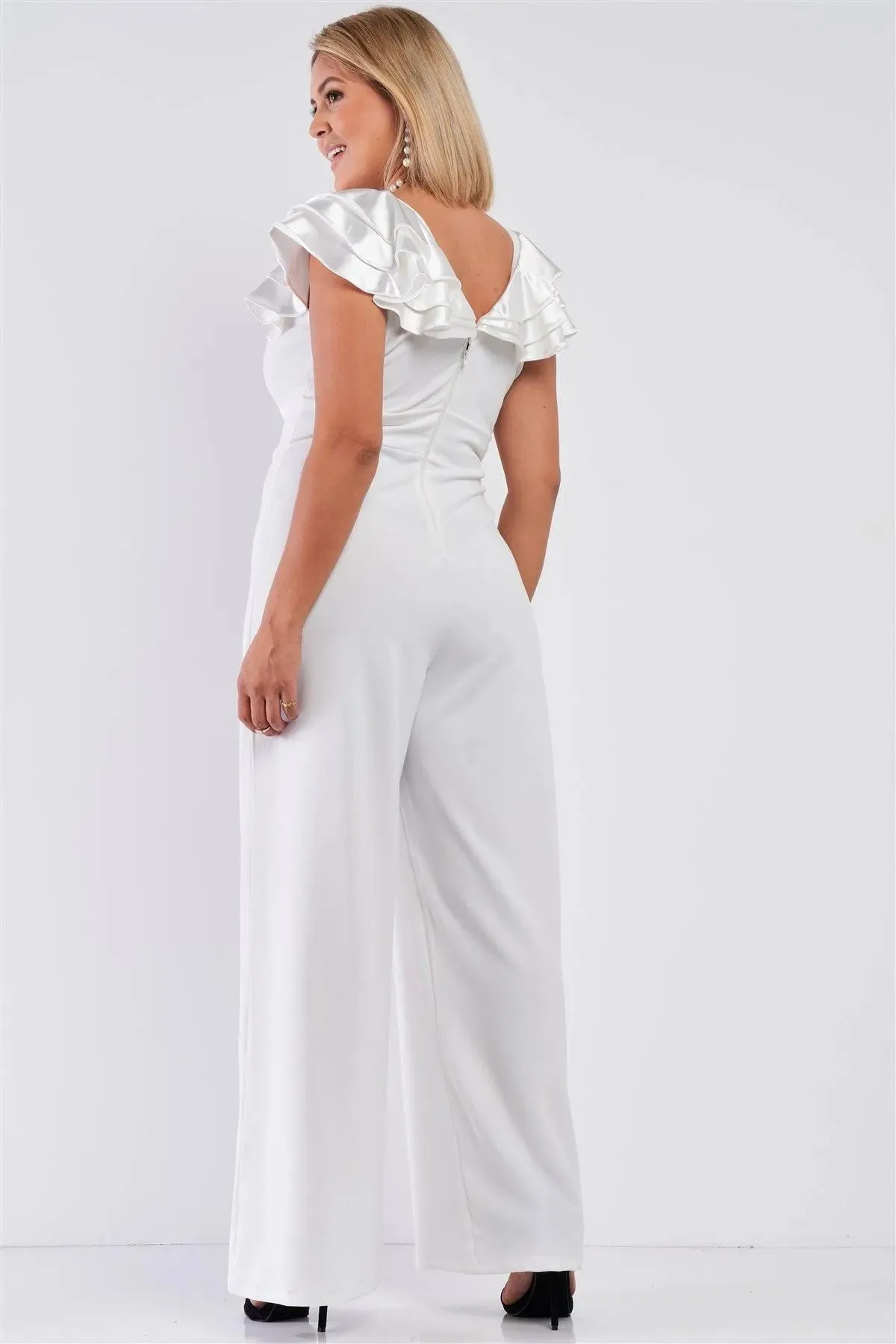 Junior Plus Ivory Sleeveless Satin Ruffle Shoulder Detail V-Neck Wide Leg Jumpsuit /1-2