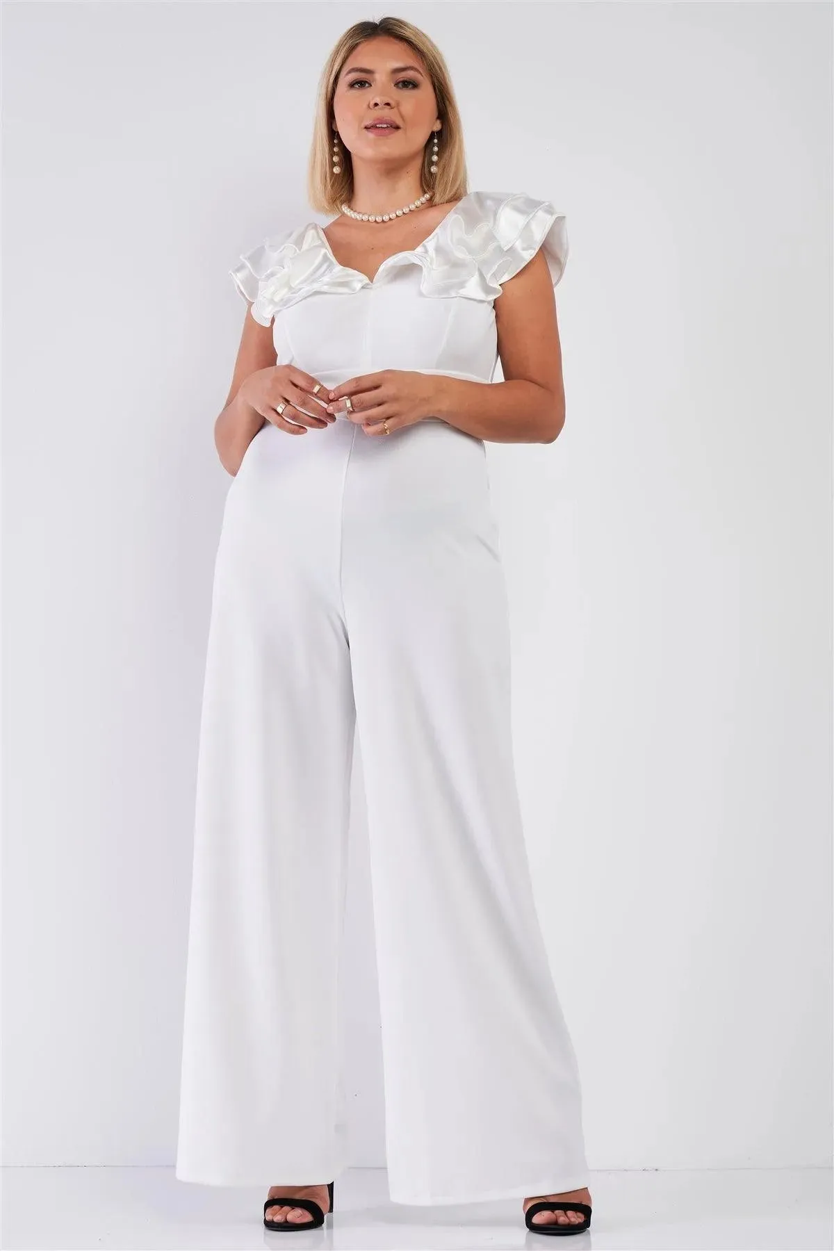 Junior Plus Ivory Sleeveless Satin Ruffle Shoulder Detail V-Neck Wide Leg Jumpsuit /1-2