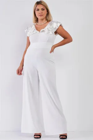 Junior Plus Ivory Sleeveless Satin Ruffle Shoulder Detail V-Neck Wide Leg Jumpsuit /1-2