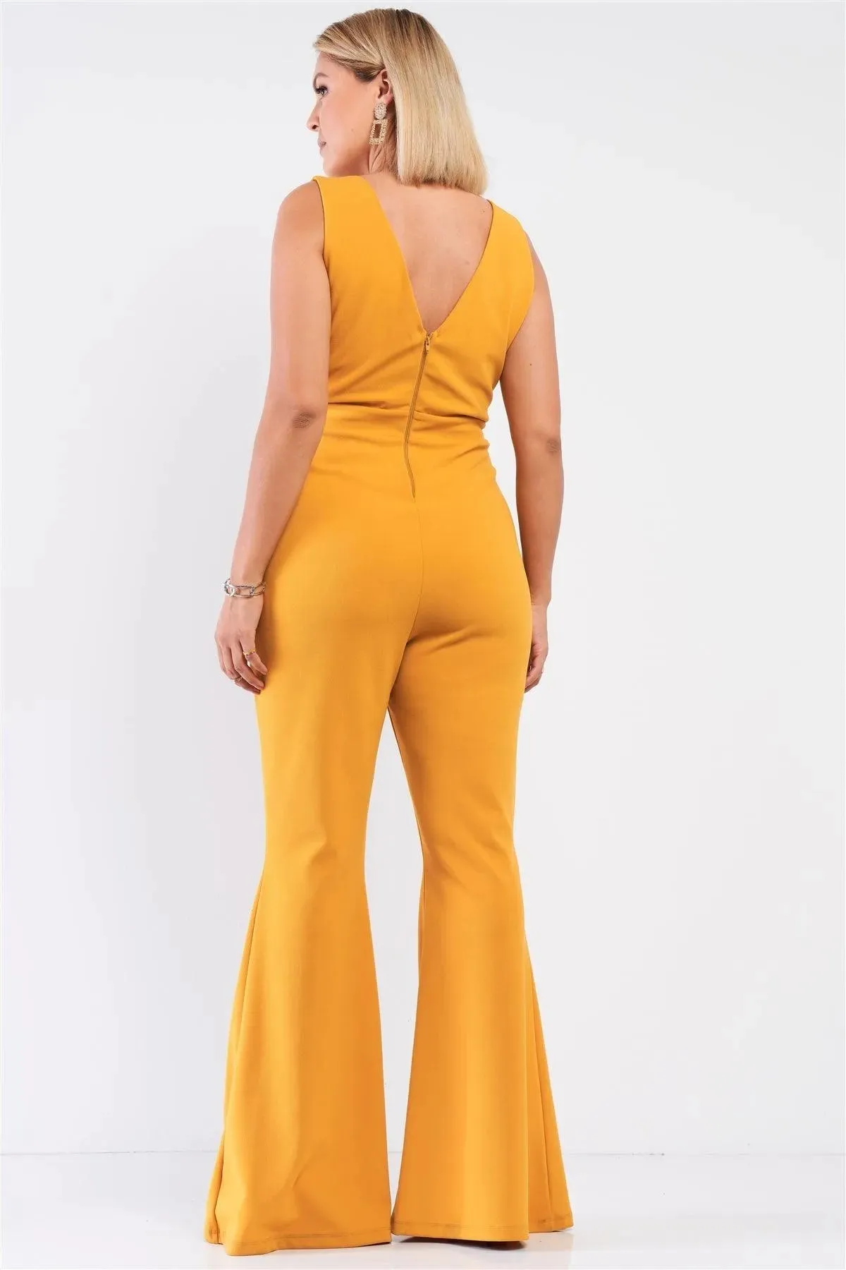 Junior Plus Mustard Sleeveless Deep Plunge V-Neck Wide Leg Jumpsuit
