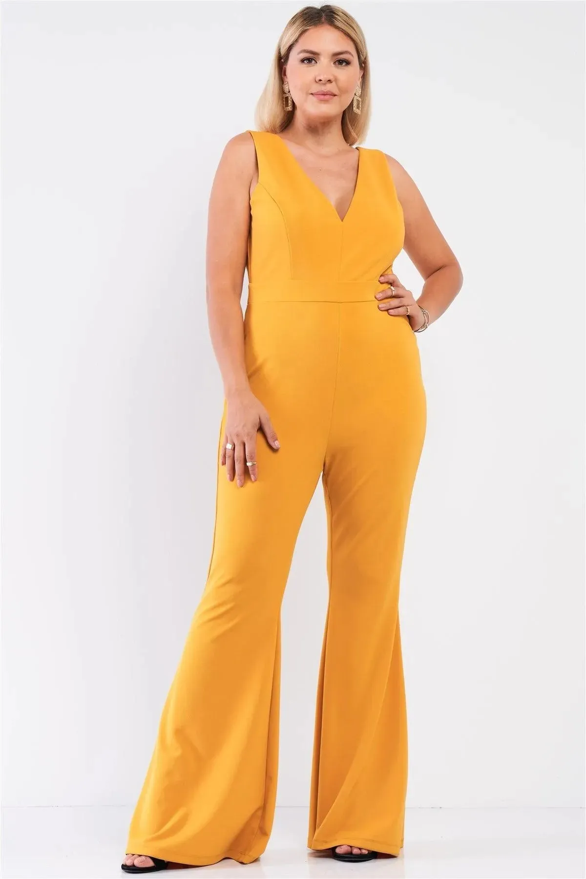 Junior Plus Mustard Sleeveless Deep Plunge V-Neck Wide Leg Jumpsuit