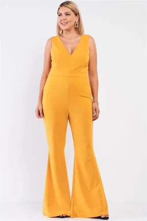 Junior Plus Mustard Sleeveless Deep Plunge V-Neck Wide Leg Jumpsuit