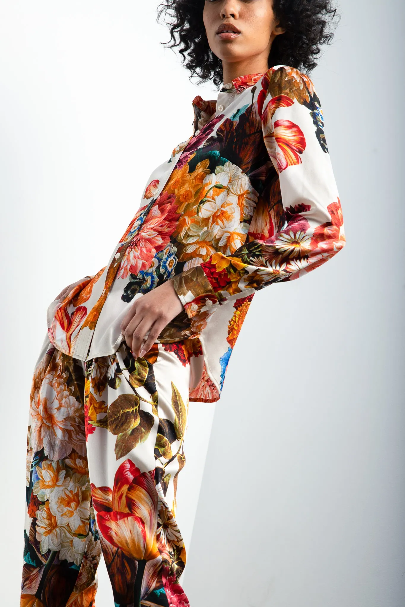 Long Sleeve Blouse   Ivory Bouquet Stretch Silk